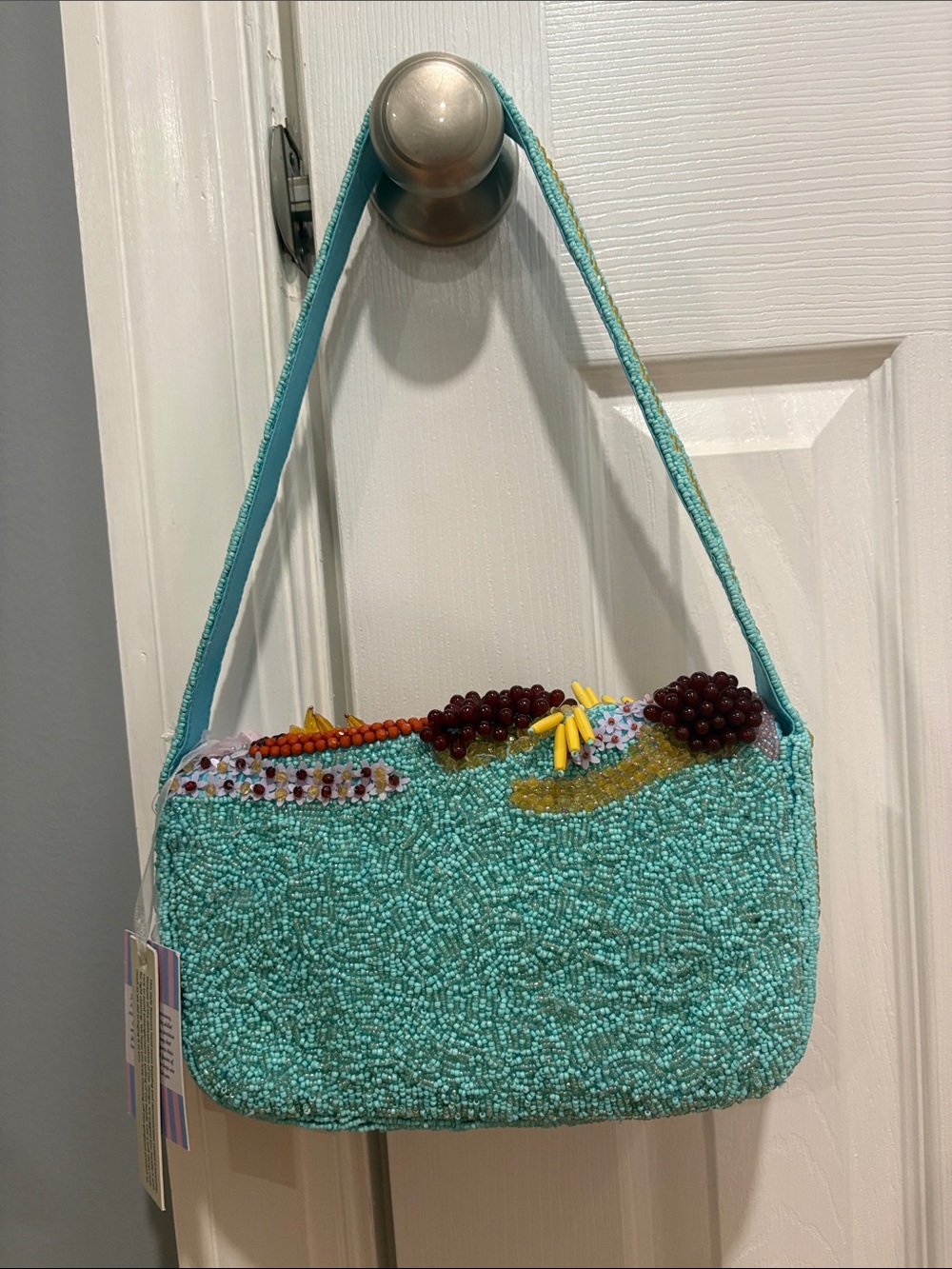 Turquoise Beaded Shoulder Bag with Multicolor Embellishments - Picture 2 of 3
